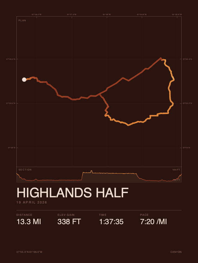 The same run rendered in the Canyon colourway