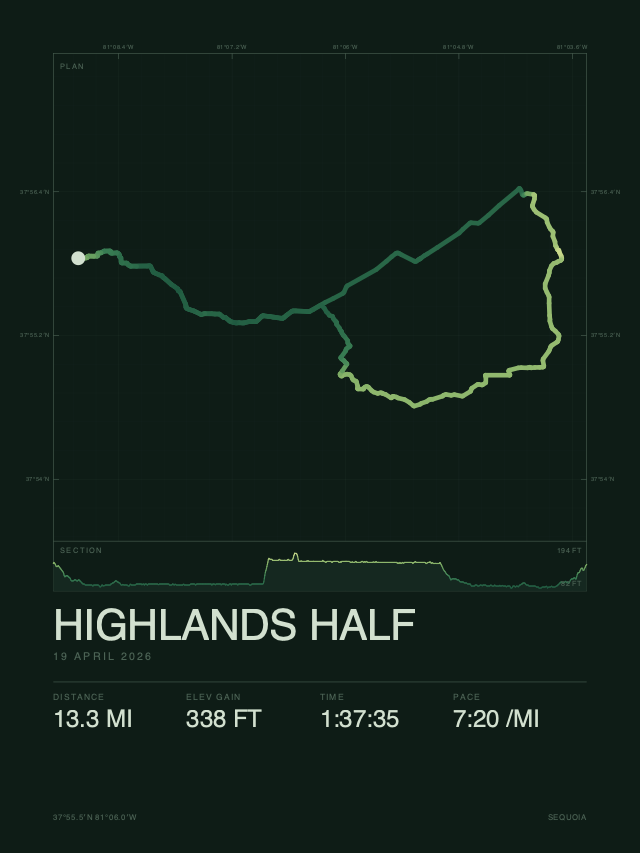 The same run rendered in the Sequoia colourway